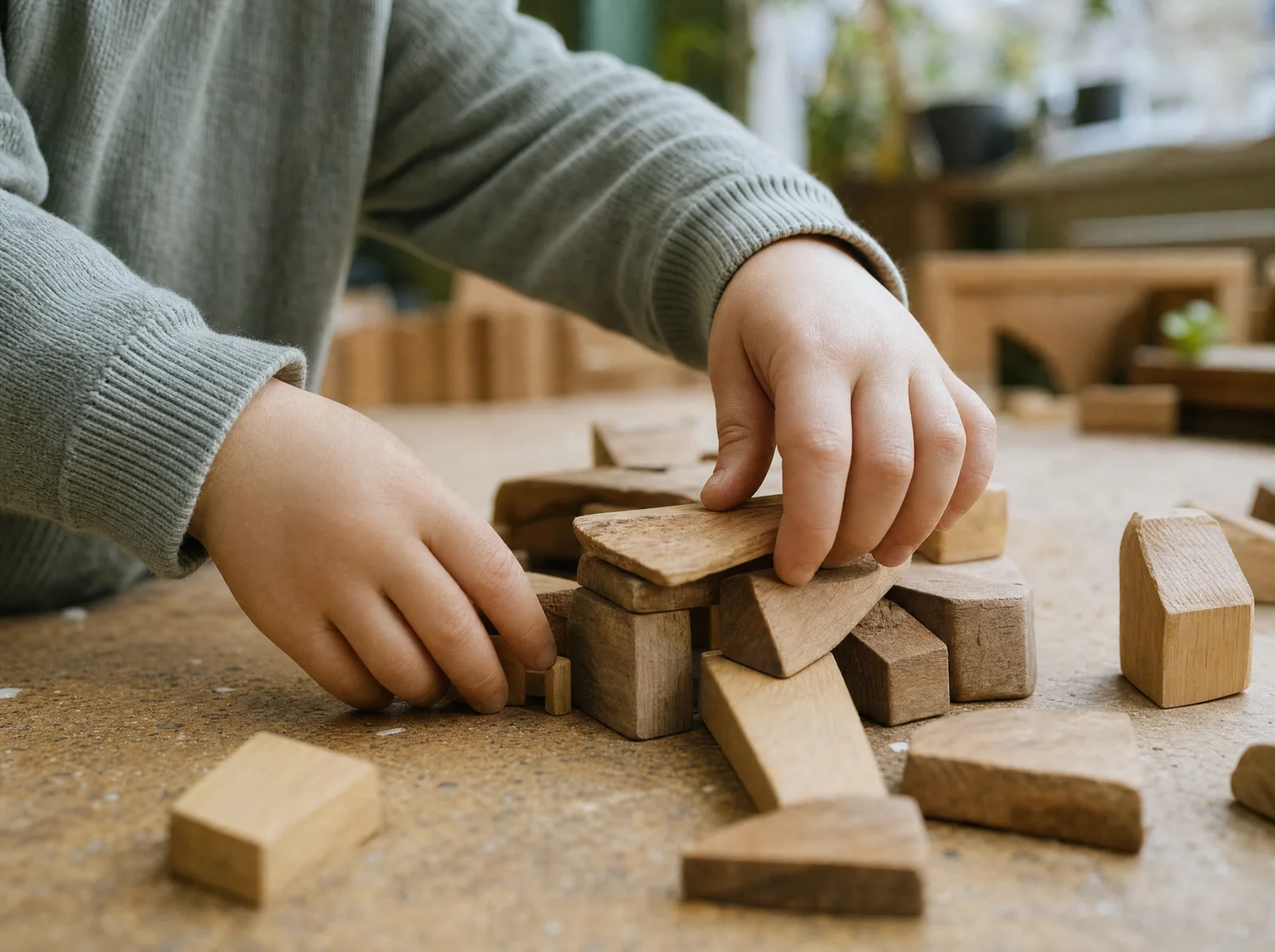 Kinderhände bauen mit Naturholz